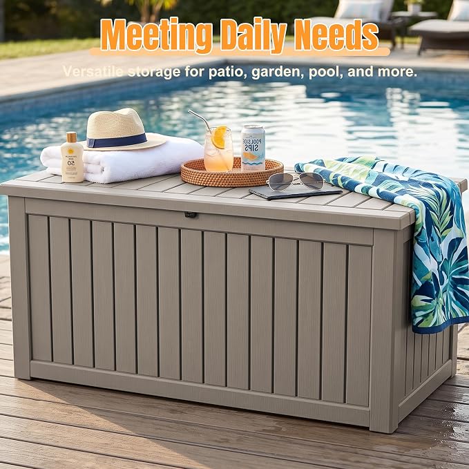 Outdoor Storage Box, 360 Gallon Waterproof Resin Deck Box with Support Rod | UV Resistant Lockable Package Delivery Bin, Shoe, Patio & Garden Tools Storage, Toy Cabinet, Ottoman, Indoor/Outdoor