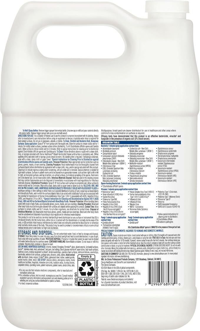 Clorox Healthcare Bleach Germicidal Cleaner Refill - Concentrate - 128 fl oz (4 quart) - 4 / Carton - Refillable, Disinf