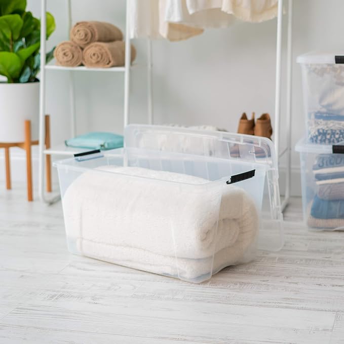 IRIS USA 72 QT Plastic Storage Box with Lid and Latches - 8 Pack - BPA-Free, See-Through Organizing Solution, Durable Nestable Stackable Containers, Secure Pull Handle - Clear