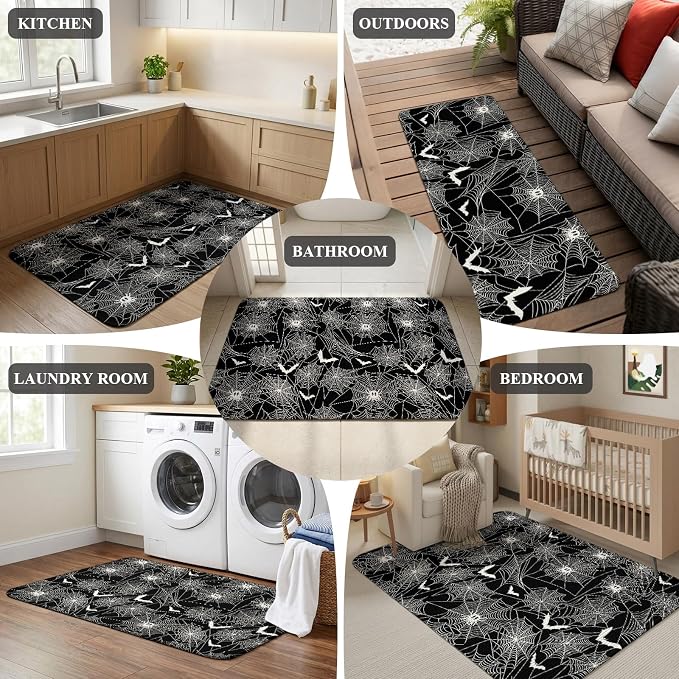 Halloween Bathroom Runner Rugs Non Slip Washable Absorbent Narrow Long Bath Mat Black Scary White Bat Animal Net Geometric Runner Rugs for Kitchen Hallway Bedroom Laundry Study Room 15.7"x47.2"