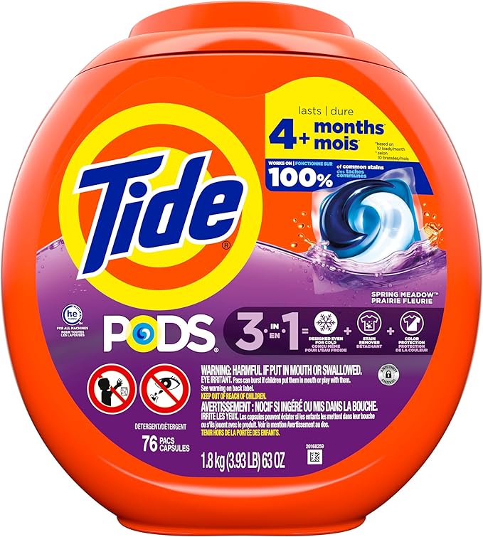 Tide PODS laundry detergent pacs, 3-in-1 Stain Remover, Odor Fighter, Color Protector, 76 Count, HE compatible, Spring Meadow Scent