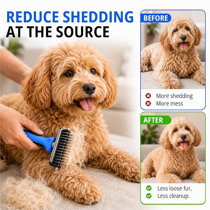 Grooming Brush for Dog/Cat with 2 Sided Grooming Brush for De-Shedding, De-Matting Reduces Shedding up to 95%, Great Short to Long Hair Small Large (Blue, Combo 4-in1 Large)