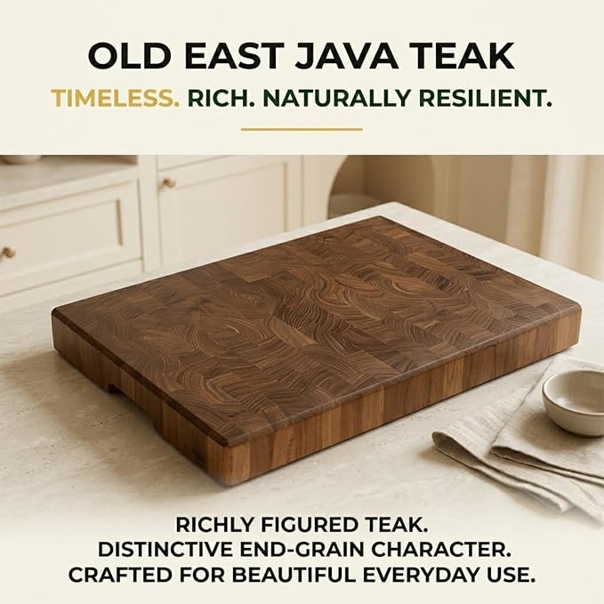 SHUMARU Old East Java Teak End Grain Cutting Board 18.1×12.2×1.6" Thick – Premium Heartwood Butcher Block, Knife-Friendly, Maximum Cutting Surface, Non-Slip Feet & Side Handles