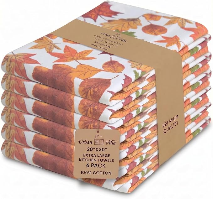 Urban Villa Kitchen Towels Harvest Leaves Print Dish Towels Set of 6 20" X30” 100% Cotton Highly Absorbent Quick Drying Dish Cloths & Dish Towels Thanksgiving Fall Tea Towels with Hanging Loop Towels