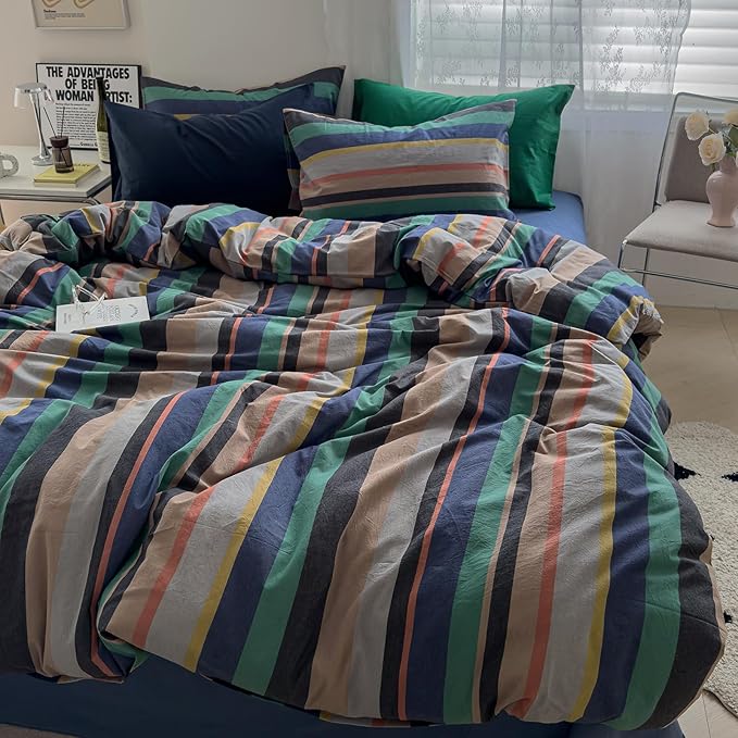 mixinni Blue Striped Duvet Cover Twin XL 100% Washed Cotton 3 Pcs Vintage Striped Bedding Set Soft Breathable Comforter Cover Set for Boys Girls Bedroom