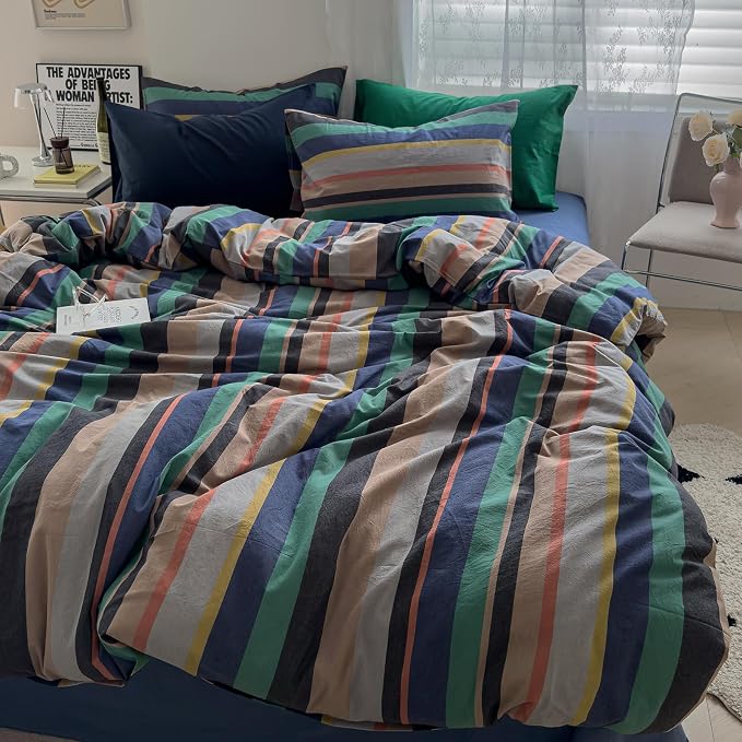 mixinni Blue Striped Duvet Cover Twin Size 100% Washed Cotton 3 Pcs Vintage Striped Bedding Set Soft Breathable Comforter Cover Set for Boys Girls Bedroom