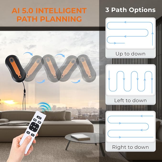 FRUITEAM Automatic Window Cleaner Robot with Dual Direction Auto-Spray, APP and Remote Control, Smart Path Detection, Triple Safety System Anti-Drop for High-Rise Windows, Glass,Door, with 8 Rags