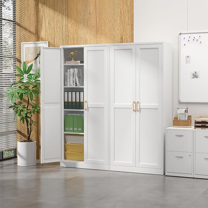 Steeloong 71"Metal Pantry Storage Cabinet with Doors & 4 Adjustable Shelves | Kitchen Pantry Cabinet,White Kitchen Cabinet with 2 Gold Handles,Tall Cabinet for Livingroom,Pantry, Bathroom,Kitchen