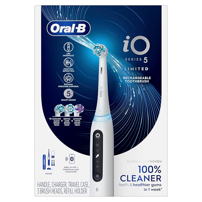 Oral-B Rechargeable Electric Toothbrush, iO5 Limited Deep Clean & Whiten, 5 Cleaning Modes, Visual Pressure Sensor to Protect Gums, Travel Case, 3 Brush Heads, White (Pack of 3)