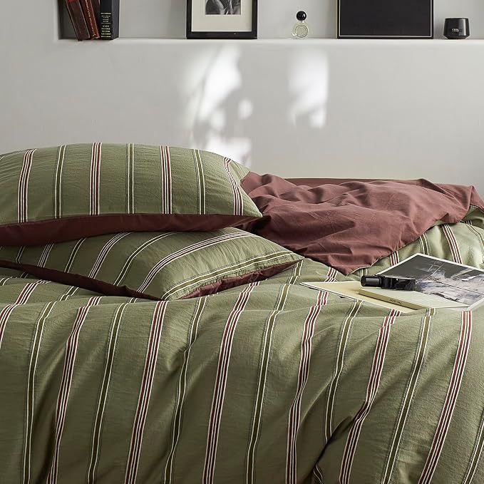 mixinni Vintage Olive Green Striped Duvet Cover Set King, 100% Cotton Yarn-Dyed Jacquard Bedding 3 Pieces, Reversible Design Retro Terracotta Comforter Cover with Zipper & Corner Ties