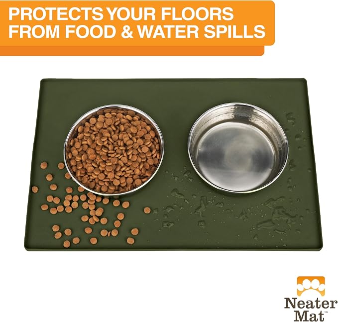 Neater Pet Brands Neater Mat Pet Mats for Food and Water, Cat & Dog Bowl Mat Waterproof Silicone, Feeding Tray, Dog Food Mats for Floors, Placemat w/Raised Edge for Under Bowls, 32" x 24", Olive