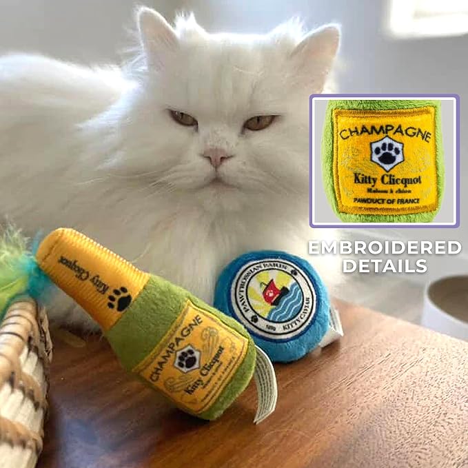 Haute Diggity Kitty Clicquot Champagne & Caviar Set, Plush Cat Toys Catnip Filled with Interactive Crackle Sound, Safe, Durable Toys for Cat & Kitten, 2 Pcs