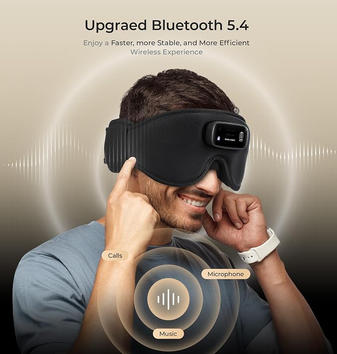 LC-dolida Pro Bluetooth Sleep Mask with White Noise & 3-Colored Lights, Upgraded Chip for Pure Sound, 3D Zero-Pressure Design for Side Sleeping, Total Blackout & Soft Contour, Black