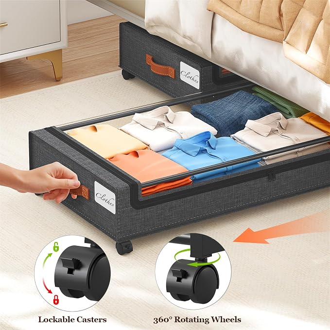 Yecaye 70L Under Bed Storage with Wheels, 2Pack Larger Capacity Under Bed Storage Containers, Underbed Shoe Storage Organizer, Rolling Under Bed Metal Drawers for Shoes, Clothes, Hemp Grey