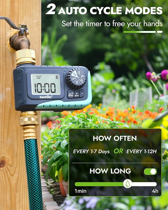 RAINPOINT Sprinkler Timer with Brass Inlet & Outlet, Programmable Hose Timer for Garden Soaker Hose, Watering Timer with Rain Delay/Manual Watering System, Digital Drip Irrigation for Yard, Lawn