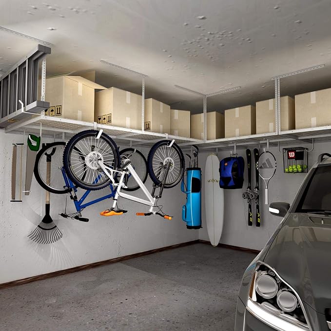 FLEXIMOUNTS 4x8 Overhead Garage Ceiling Storage Rack, 2 Pack, White | 750lbs Weight Capacity, 22"-40" Adjustable Organization System, Heavy-Duty Metal Ceiling Racks, Classic Series