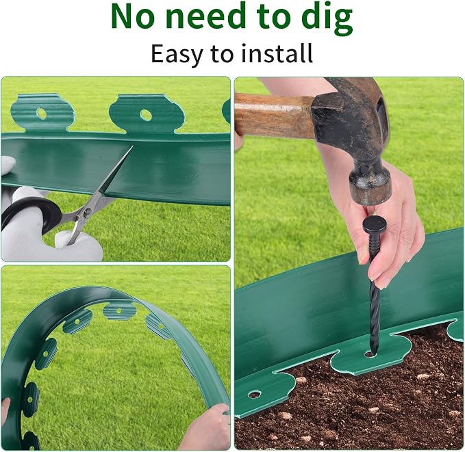 AggFencer Landscape Edging 4in Garden Edging Borders No Dig 50ft | Flexible Landscaping Edging Kit for Flower Bed Lawn Yard Grass Green with 92 Pcs Spikes