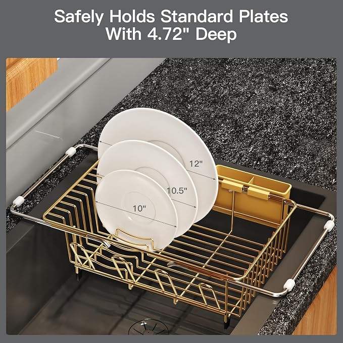 Gold Dish Drying Rack Over The Sink with Utensil Holder | Expandable Stainless Steel Dish Drainer for Small Kitchen, Apartment, RV, Counter Space Saving, Perfect Fit, Rustproof