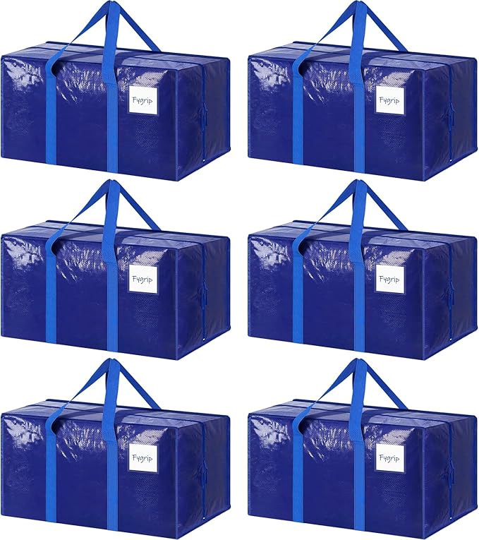 6 Pack Extra Heavy Duty Large Moving Bags with Strong Zipper, Blue | Comfortable Handles, Sturdy & Durable Clothes Storage Bags Totes Bins, Blue Packing Moving Boxes for College Supplies