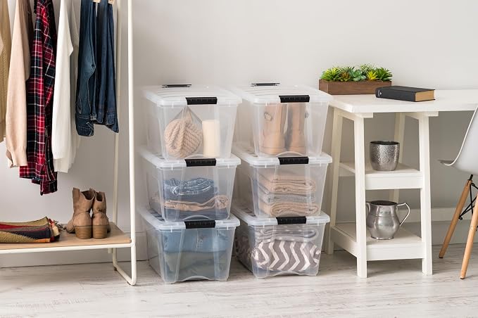 IRIS USA 32 QT Plastic Storage Box with Lid and Latches - 6 Pack - BPA-Free, See-Through Organizing Solution, Durable Nestable Stackable Containers, Secure Pull Handle - Clear