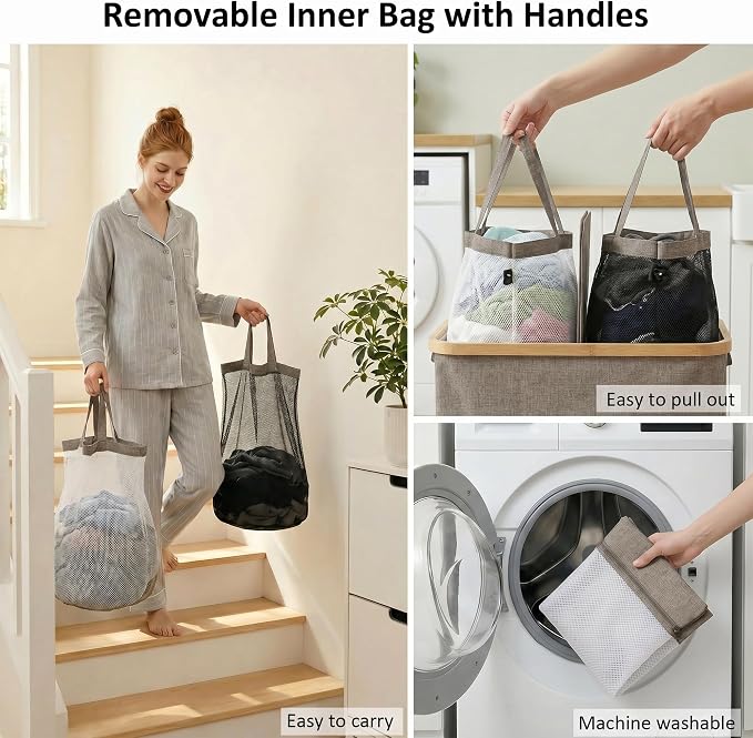 efluky Laundry Hamper with Lid, Double Laundry Basket with 2 Removable Bags, 2 Section Laundry Bin with Bamboo Handles for Bathroom, Bedroom & Laundry Room, 140L (36.9 Gallon) Brown