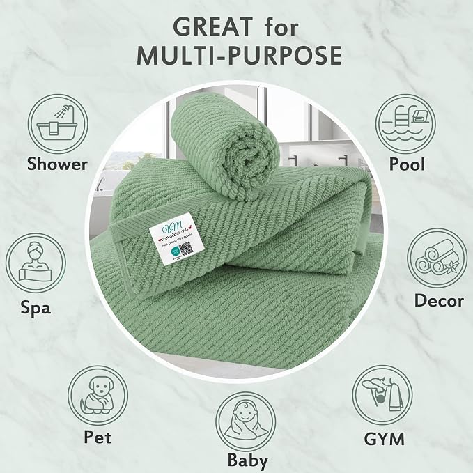 VOOVA & MOVAS 3PC Towel Set, 100% Cotton, Mint Green | 1 Large Bath 30x56 In, 1 Hand 18x28 In, 1 Wash Cloth 13x13 In, Quick Dry, Soft, Thick, Bathroom Essentials