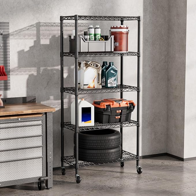 SINGAYE 5 Shelves Storage Wire Shelf Closet Metal Shelving Pantry Wheels | Shelf Bathroom Organizers Metal Kitchen Garage Shelving Unit Laundry Room Organization Home Rack Net Basket with Wheels