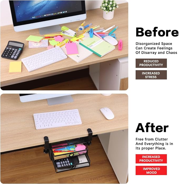 ROSYLINE Under Desk & Desktop Drawer Organizer, 2-Tier Big Capacity (Black) | Steel Construction, Clip-On No Drill Installation, Fits A4 Paper, for Office & Household Supplies