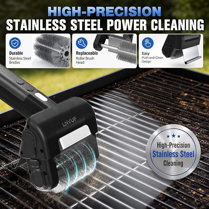 Electric Grill Brush, Grill Cleaner with LED Light, with 800 RPM Motor, Heavy Duty Grill Cleaning Tool (Grey Black), Personalized Father s Day Gift s for Dad