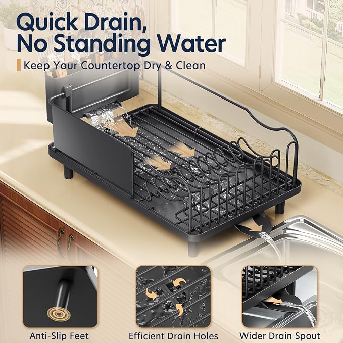 KINGRACK Dish Drying Rack for Kitchen Counter, Dish Drainer with Cup Holder | 16.9"L x 12.4" W Dish Rack with Spacious Drying Capacity, Quick Auto Dish Drainer for Plate Dish Dinnerware, Black