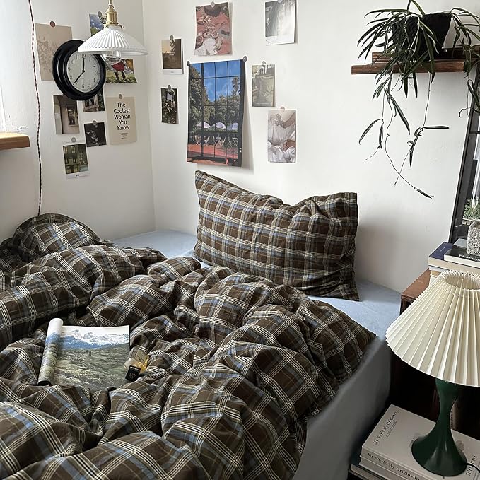 mixinni Vintage Buffalo Plaid Duvet Cover Set Queen Size - 3 Piece Washed Cotton Bedding Set with Grid Pattern, Soft & Breathable Duvet Cover with Pillowcases for All Seasons,(Brown & Blue,Beige)