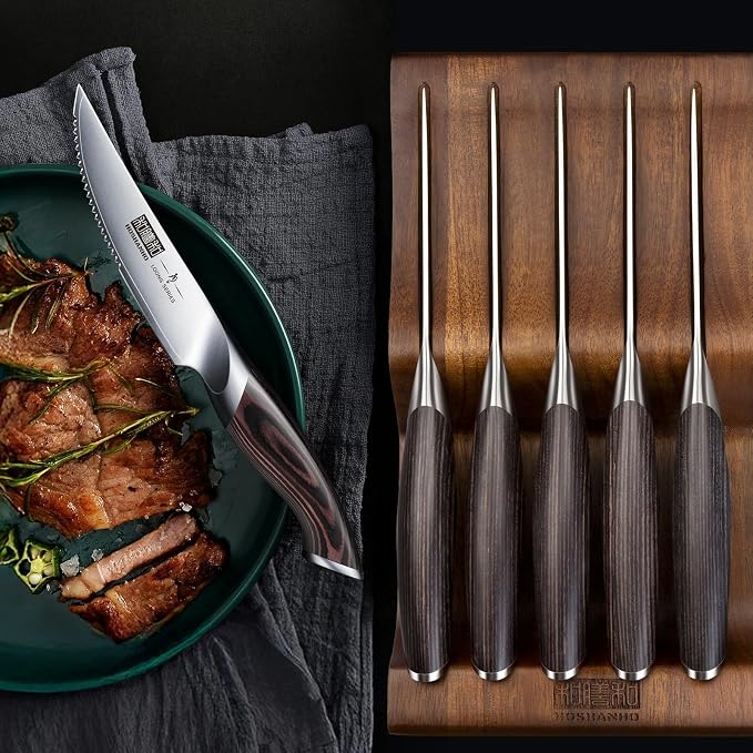 HOSHANHO Steak Knives Set of 6 with Block, 4.5 In Serrated Steak Knife Set | Multipurpose Japanese High Carbon Steel Kitchen Steak Knives with Ergonomic Handle, Ideal Gifts