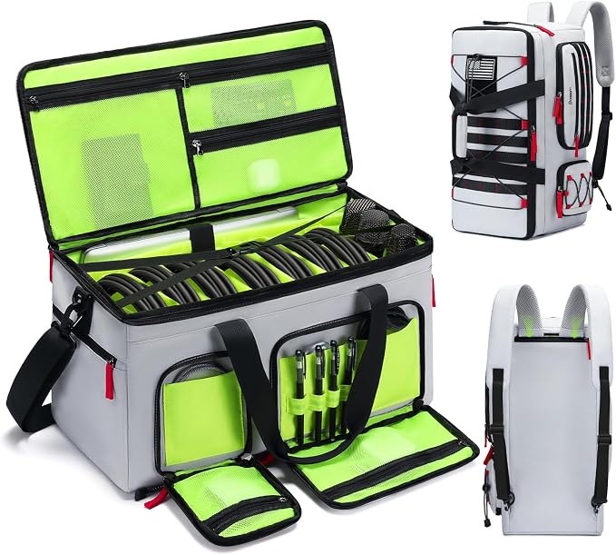 DJ Cable Gig Bag for Equipment, DJ Cable Organizer Backpack with Detachable Dividers and Padded Bottom, DJ Mixer Bag for Music Gear Accessories with 15.6'' Laptop Compartment (Grey)