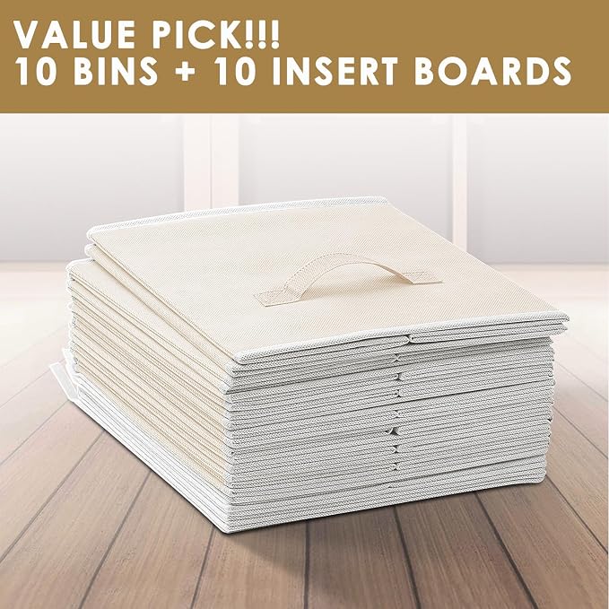 Storage Cubes, 11 Inch Clothes Storage Bins with Dual Handles (10 Pack), Fabric Collapsible Storage Bins for Shelves Closet, Cubby Organizer Bins for Clothing Toys Blanket Magazines (Beige)