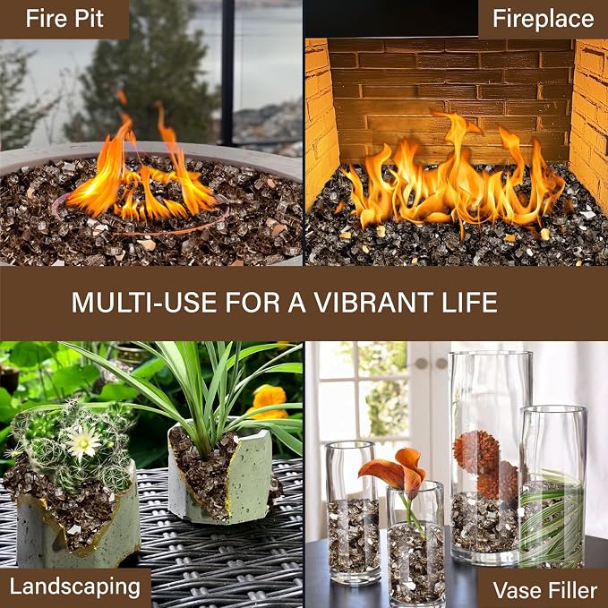 NUPICK 20 Pound Fire Glass, 1/4 Inch Reflective Fire Pit Glass | Tempered Fire Pit Rocks for Propane or Natural Gas, Glass Rocks for Fire Pit Table, Fireplace, Fire Bowl, Landscaping, Bronze