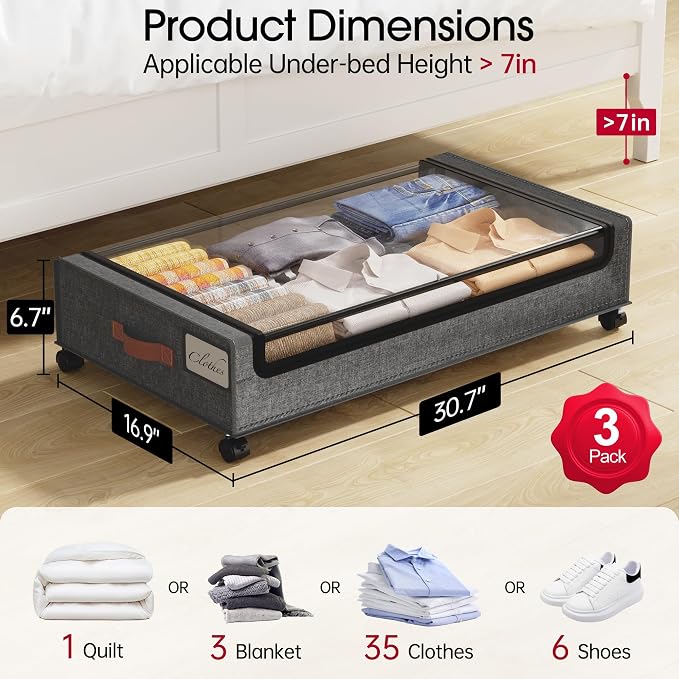 Yecaye 3 Pack Under Bed Storage with Wheels, Under Bed Storage Containers, Underbed Shoe Storage Organizer, Rolling Under Bed Metal Drawers for Clothes, Blankets(30.7 x 16.9 x 6.7 in)