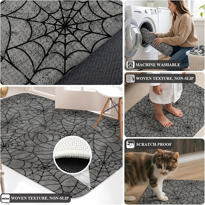 Runner Rug Indoor Outdoor 15.7"x47.2", Grey Halloween Absorbent Non Slip Entry Door Mat, Black Spiders Net Classic Gingham Low-Profile Hallway Rugs for Kitchen Laundry Room Entryway Mudroom Apartment