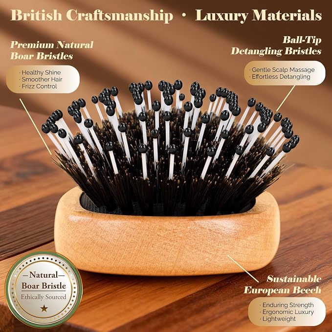 Mini Boar Bristle Hair Brush Since 1965 British Craftsmanship Handmade | Natural Wooden Small Hairbrush, Gentle Detangling Women Men Kids Curly Thick Fine Frizzy Hair, Smoothing Styling Brush