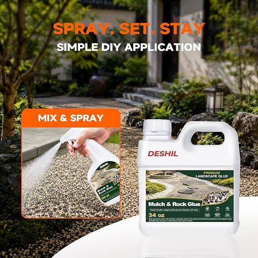 DESHIL Rock Glue for Landscaping with Sprayer - 34OZ Strong Rock Glue for Sand, Pea Gravel & Pebbles, Landscape Glue Binder for Walkway, Patios, Garden and Paths