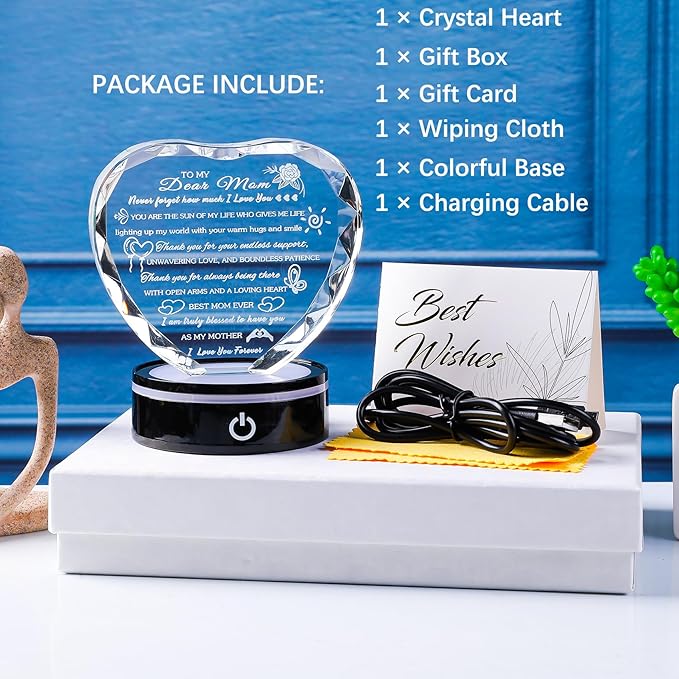 Arikyrist Gifts for Mom with Colorful LED Base Unique Moms Birthday Gifts from Daughter Son Crystal Heart Keepsakes to My Mom Gift for Mother's Day Thanksgiving Best Mother Ever Presents