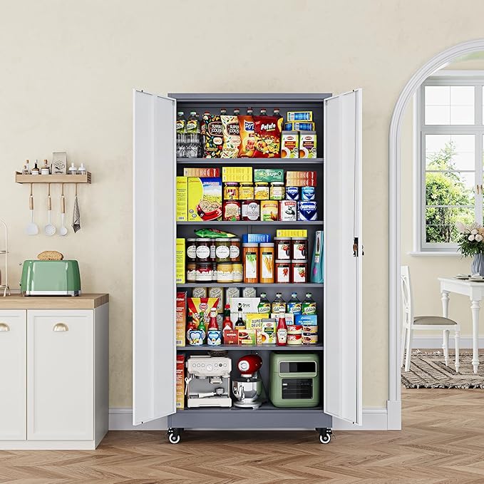 Metal Garage Storage Cabinets with Lock Door and Adjustable Shelves, Steel Tool Cabinets for Home,Office,Warehouse Organisieren (Grey White, 75" H)