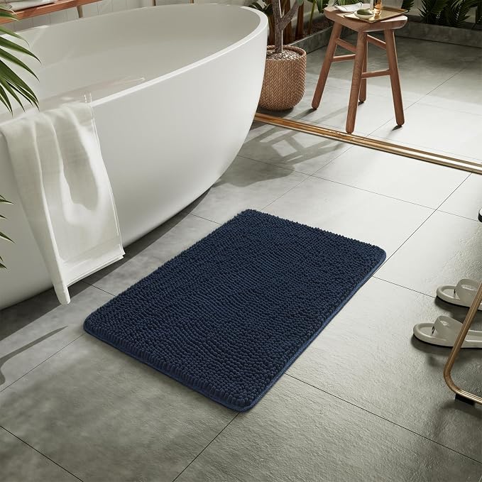 LOCHAS Luxury Bathroom Rug Shaggy Bath Mat 20 x 30 Inch, Navy | Washable Non Slip Bath Rugs for Bathroom Shower, Soft Plush Chenille Absorbent Carpets
