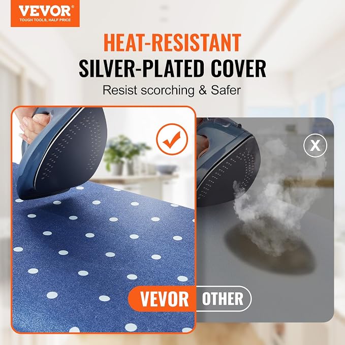 VEVOR Ironing Board with Bottom Storage Tray, Thickened 4 Layers Iron Board with Heat Resistant Cover and 100% Cotton Cover, 10 Adjustable Heights Ironing Board for Home Laundry Room Use (Size 55x15)