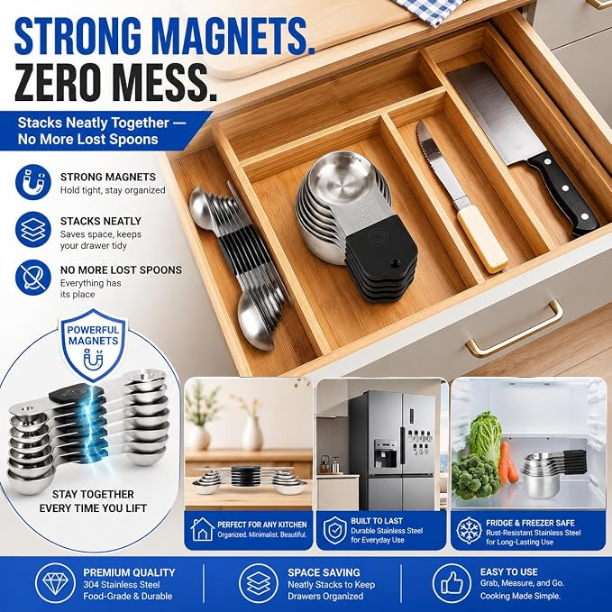 Magnetic Measuring Cups and Spoons Set, Strong N52 Magnets, Heavy Duty 304 Stainless Steel Fits in Spice Jars for Baking & Cooking, BPA Free, Round Set of 15 with Leveler Black