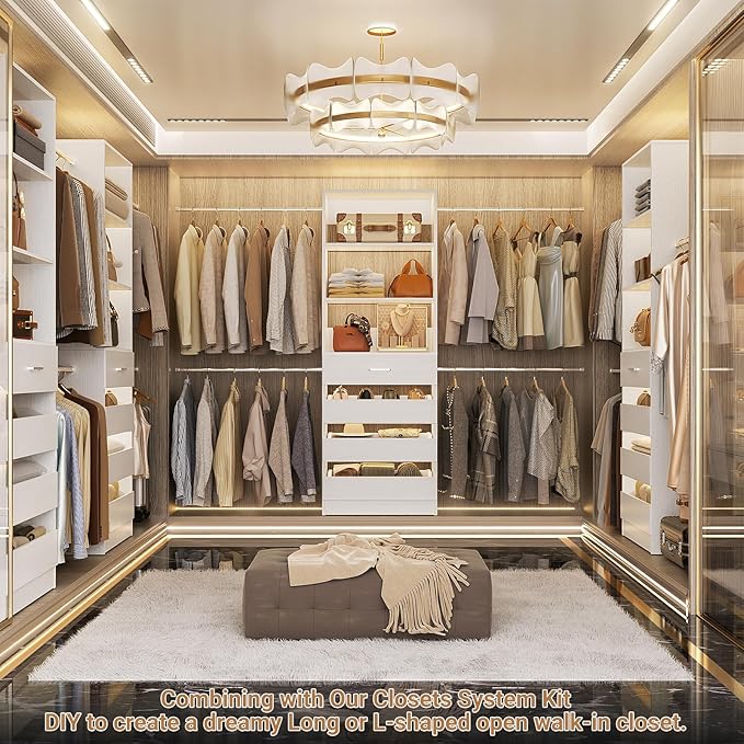 Aheaplus Closet System, 4-9Ft Closet Organizer with 4 Wooden Drawers, Wood Closet Organizer System with Tower, Walk-in Closet Organizer Wardrobe Clothes Rack with 4 Hanging Rods, Garment Rack, White