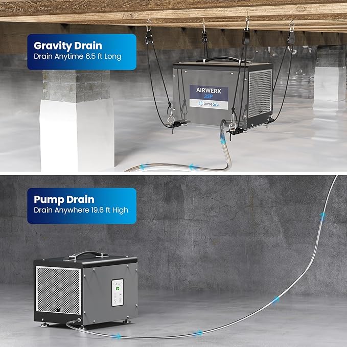 BaseAire Crawlspace Dehumidifier with Pump, Compact Dehumidifiers for Commercial, Basement and Water Damage with Drain Hose, 70 PPD, Auto Defrost, GLGR Technology, Up to 1000 Sq Ft