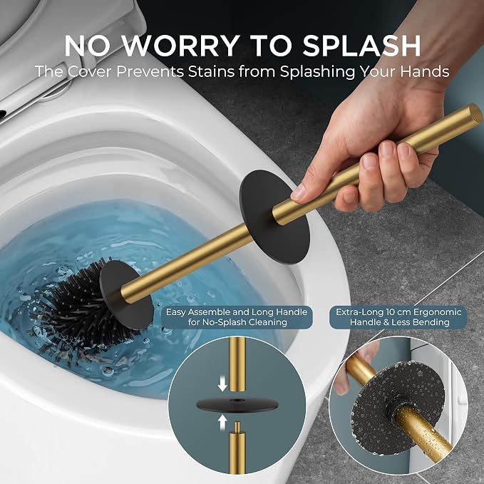 FORIOUS Short Toilet Brush and Holder Set, Heavy Duty 304 Stainless Steel Base Square and Long Handle for Bathroom Deep Cleaning, Drip-Proof, Space Saving for Storage, 2 Toilet Bowl Brush Head, Gold
