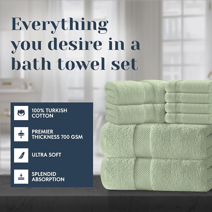 White Classic Luxury Bath Towel Set of 8 Pieces - 100% Turkish Cotton Highly Absorbent Towels for Bathroom, 2 Luxury Bath Towels 700GSM, 2 Hand Towels, 4 Washcloths, Mint Green