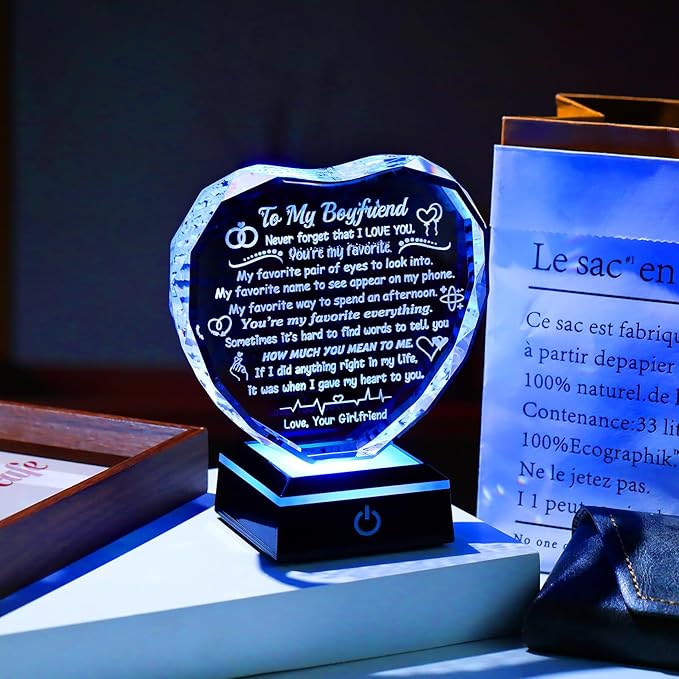 Arikyrist Gifts for Boyfriend Fathers Day Crystal Heart Boyfriend Keepsake with LED Light Base Romantic Anniversary Birthday Gifts for Him Boyfriend Bf from Girlfriend