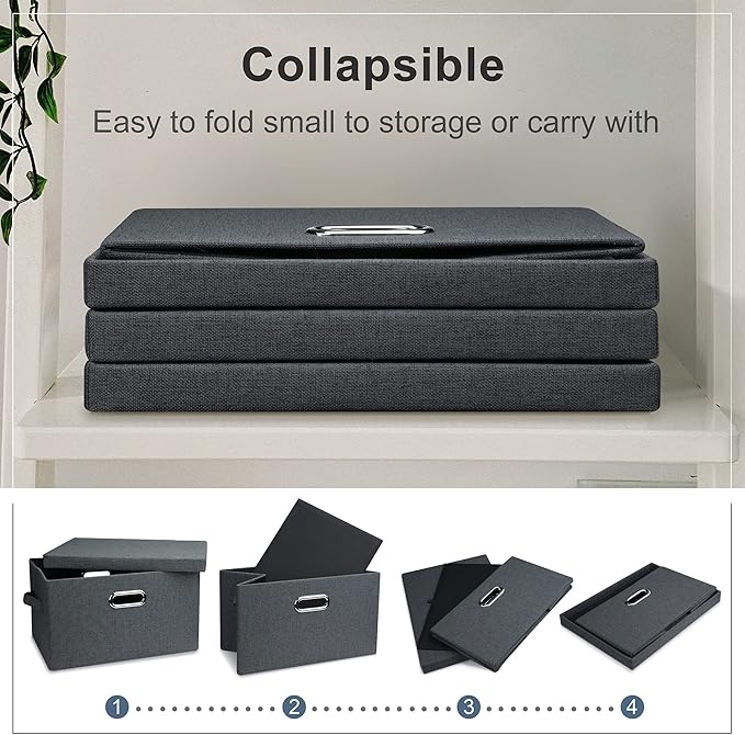 Graciadeco Medium 15" 21 Quart Collapsible Stackable Storage Bins with Lids, 3 Packs Dark Grey Foldable Fabric Closet Boxes Heavy-duty Linen Cube Baskets Container for Bedroom Office (15 x 11 x 8)
